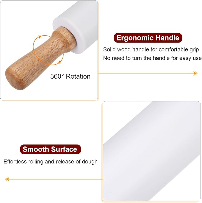 HARFINGTON Silicone Rolling Pins for Baking 16.93 Inch Non-Stick Silicone Surface Wooden Handle Rolling Pin Small Roller Playdough Rolling Pins for Fondant Kitchen Dough Pizza, White