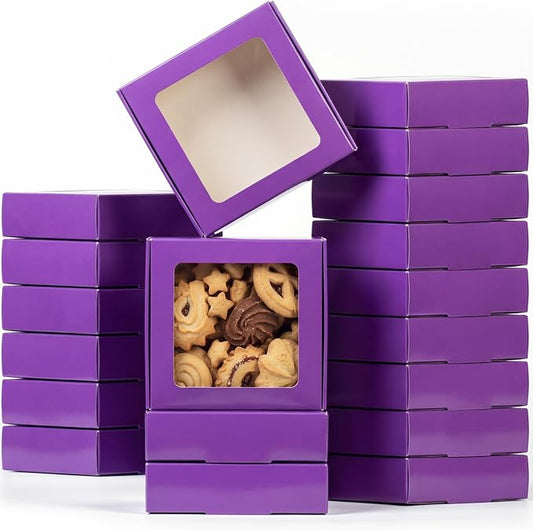 Zonon 30 Pcs Kraft Paper Boxes with Window 4.13 x 4.13 x 1.18 Inch Candy Packaging, Small Gift Boxes, Soap holder, Mini Treat Packaging for Bakery Chocolate Jewelry Display (Purple)