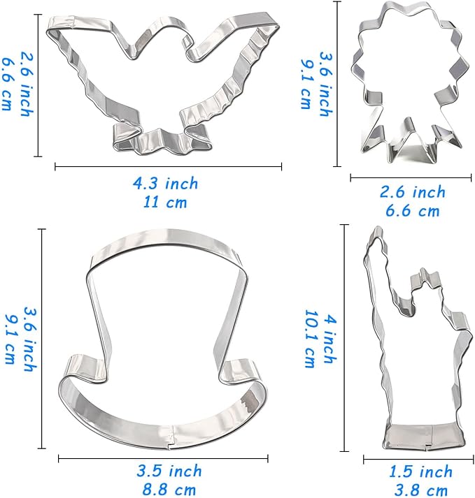 4th of July Cookie Cutters 8Pcs Large Size, National Shapes Metal Biscuit Fondant Cutters for Celebration, Hat Map Flag Eagle Star Cookie Molds Set