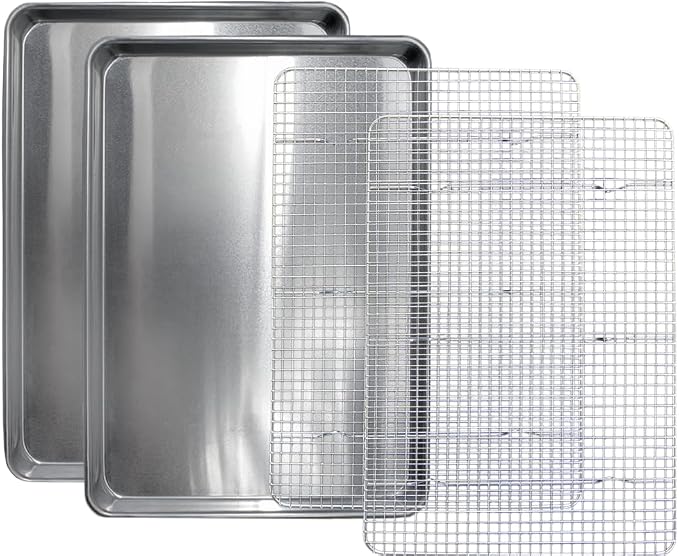 Commercial Quality 2 Pack Cookie Sheet and 2 Pack Rack - Aluminum Half Sheet Baking Pan and Stainless Steel Cooling Rack Set 13x18 Rust & Warp Resistant, Heavy Duty