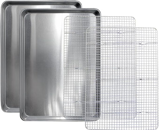 Commercial Quality 2 Pack Cookie Sheet and 2 Pack Rack - Aluminum Half Sheet Baking Pan and Stainless Steel Cooling Rack Set 13x18 Rust & Warp Resistant, Heavy Duty