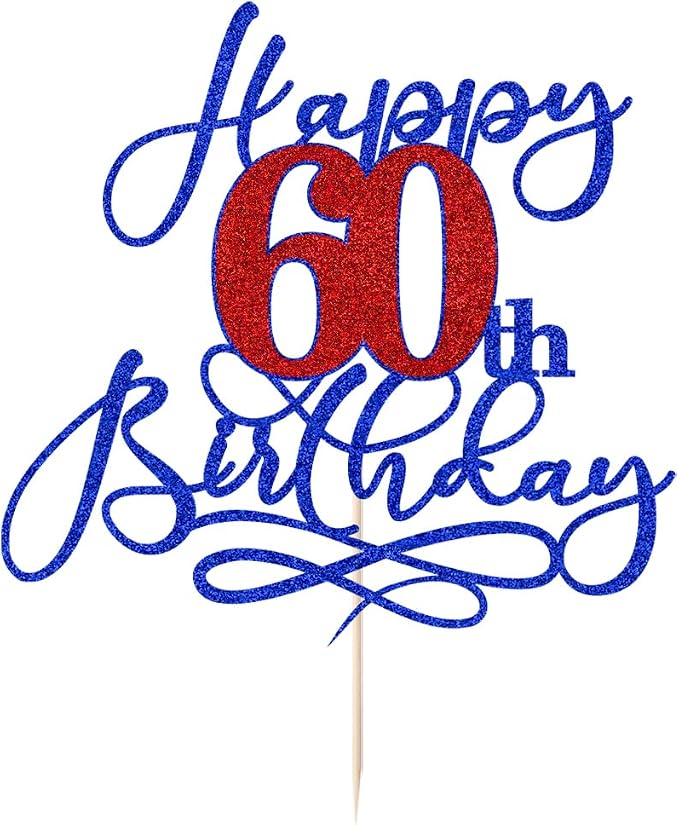 Happy 60th Birthday Cake Topper,Deep blue font red Numbers 60th Birthday Cake Decoration,Hello 60, Cheers to 60 Years/60th Anniversary,60& Fabulous Party Decoration