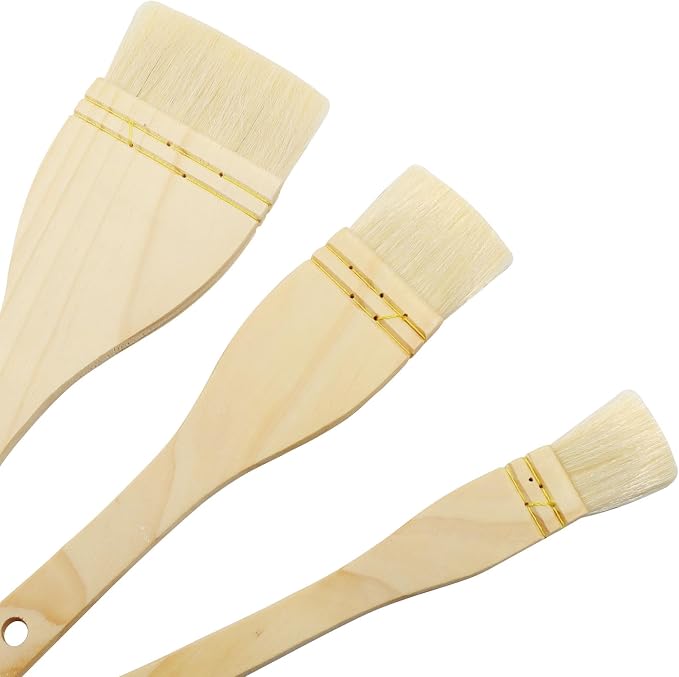 3Pcs Flat Hake Brushes, Sheep Hair Bristles, Paint Brush Set for Watercolor, Wash, Pottery Painting - Baking Pastry Brush & BBQ Grill Brush for Kitchen (1/2/3 Inch)