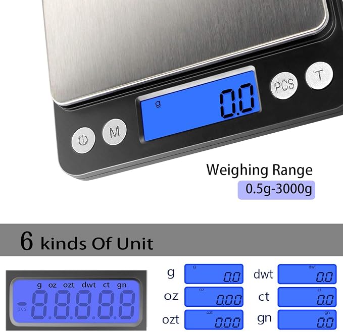Fuzion Small Gram Scale 3000g, Digital Kitchen Food Scale, Gram and Ounce | 0.1g Accuracy, 6 Modes, 2 Trays Included, LCD Display, Tare, Piece Counting, For Food, Coffee, Cooking, Herb, Reptiles, Coins