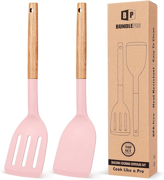 Pack of 2 Silicone Cooking Spatula, Heat Resistant Solid Turner, Non Stick Slotted Spatulas with Wooden Short Handle,Ideal Wood Kitchen Utensils Set for Frying, Baking, Flipping, Turning