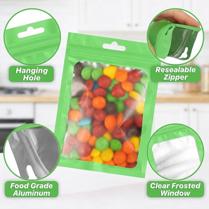 ANZNKU 100 Pack Lime Green Resealable Mylar Bags with Frosted Clear Window 4.72x7.1", Smell Proof Sealable Packaging Bags for Small Business, Foil Pouch Zip Goodie Bag for Candy Treat Jewelry