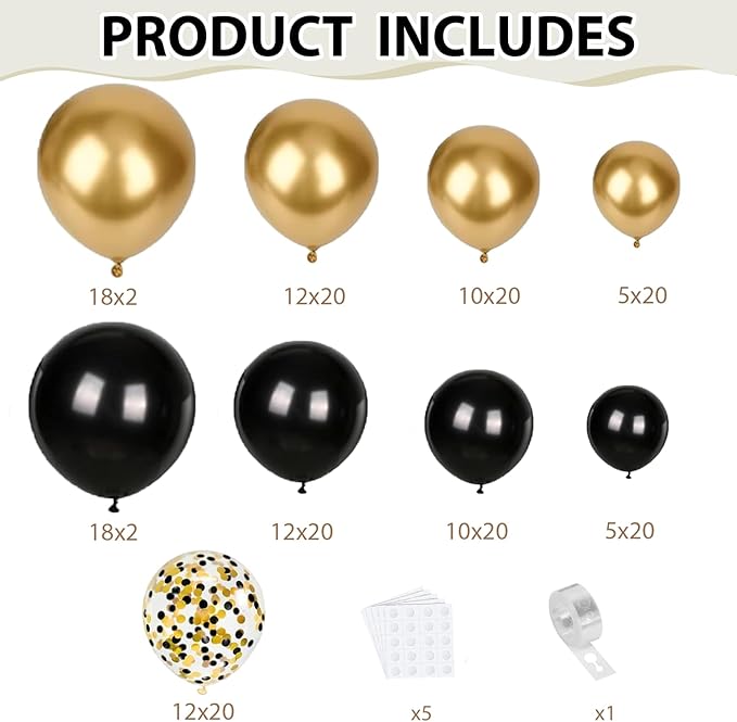 Black and Gold Balloon Arch Kit - 144pcs Black and Gold Balloons Metallic Gold Confetti Balloons Different Sizes 18/12/10/5in for Birthday Wedding New years Graduation Masquerade Party Decorations