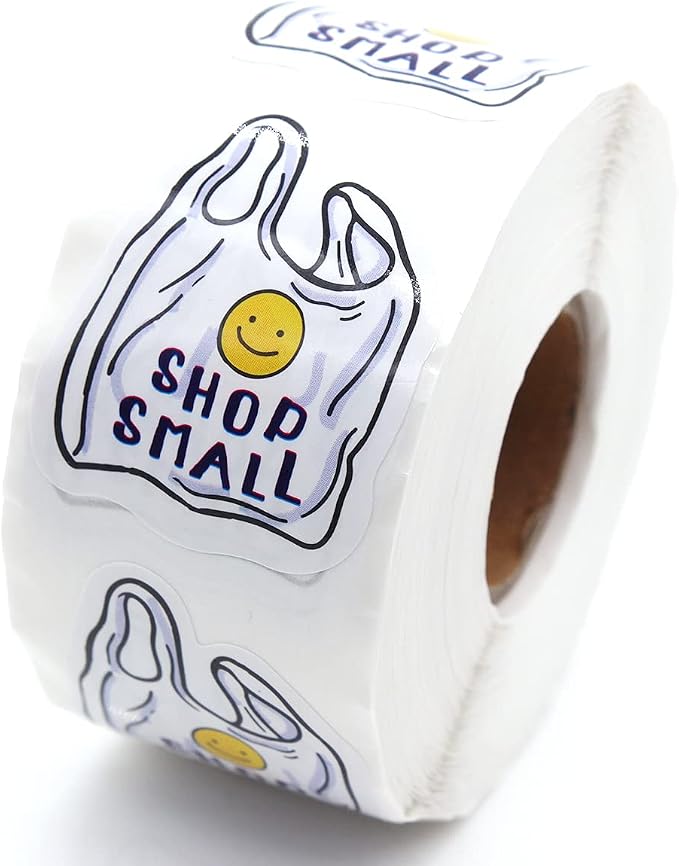 Littlefa 1.5” Shopping Small Stickers for Small Business, Shop Small Stickers for Store Gift Bags Packaging Shopping, Smile Environmental Bag Desgin Handmade Sticker 500 PCS
