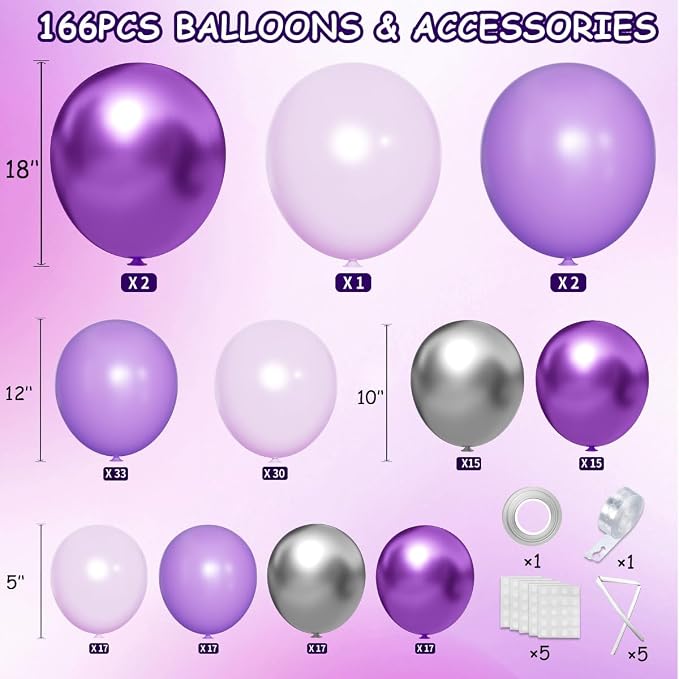 MEBAY Purple and Silver Balloon Garland Arch Kit, 166Pcs Purple Metallic Pastel Lavender Maca Lilac Violet Gold Chrome Balloons for Birthday Wedding Baby Shower Party Decoration