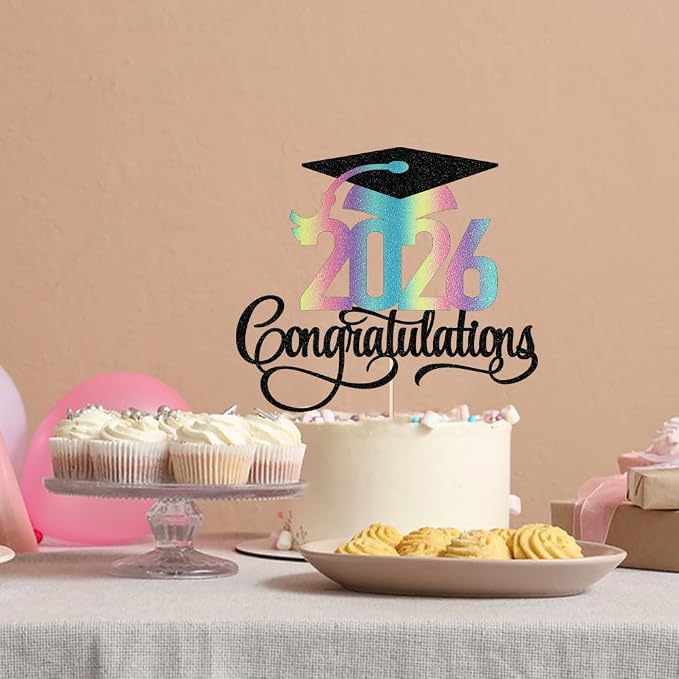 Glitter 2026 Congratulations Graduation Cake Topper,Congrats Grad Cake Decor - 2026 High School/College/Senior Graduation Party Decorations Supplies（Black and color）