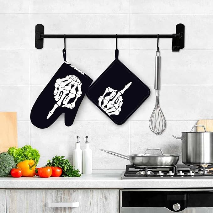 Mxocom FK Graphic Oven Mitt and Pot Holder with Silicone Finger Bones Design Heat Resistant Kitchen for Cooking BBQ Baking Grilling Spring/Summer