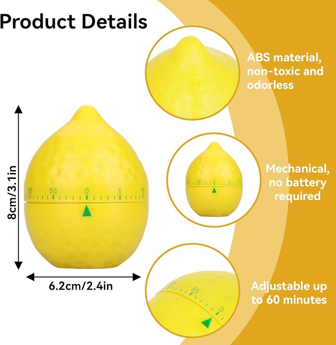 Lemon Kitchen Timer, 60 Minute Wind up Timer Mechanical Wind up Kitchen Timers with Alarm, Mechanical Desk Timer Manual Countdown Timers for Home, Study and Cooking