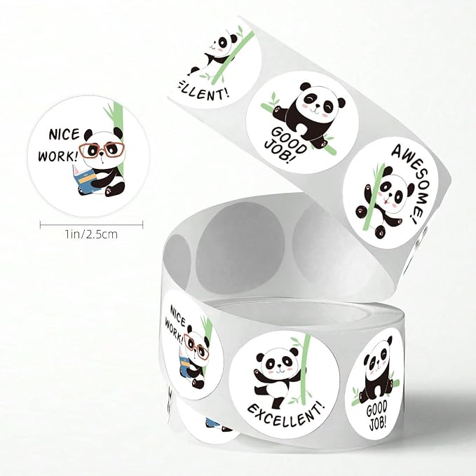 500PCS Panda Reward Stickers Roll, 1 Inch 8 Styles Round Cute Animal Panda Bamboo Kindergarten Teacher Motivational Stickers Supplies for School Classroom Home