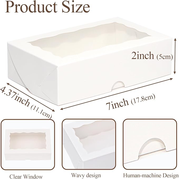 ROSPAKTEK 20pcs 7x4.3x2 Inch White Bakery Treat Boxes with Window - Christmas Valentine's Cookie, Chocolate Truffle, Strawberries & Cakesickle Gift Boxes