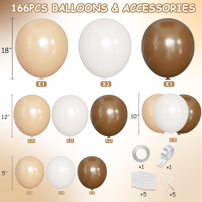 MEBAY Boho Brown Balloon Garland Arch Kit, 166Pcs Coffee Brown Nude White Balloons for Neutral Bear Bridal Baby Shower Birthday Party Decorations