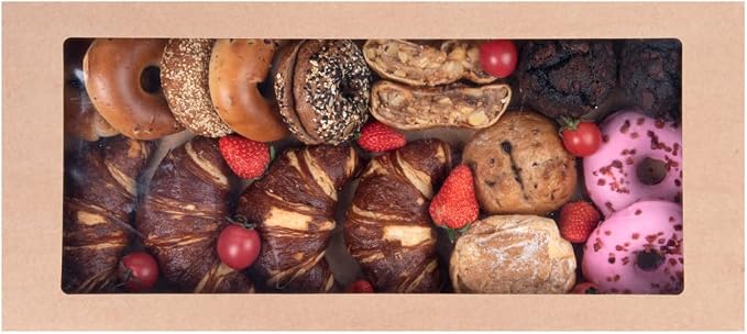 Restaurantware Cater Tek 22.2 x 10 x 3.2 Inch Catering Boxes 100 Insert Tab Lock Baked Goods Boxes - Window Lids Easy Assembly Kraft Paper Window Pastry Boxes For Charcuterie Or Cupcakes