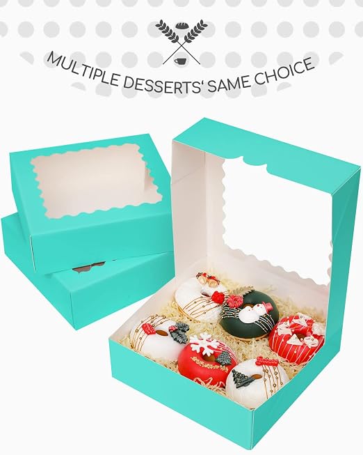 qiqee Mint Blue Pastry Box With Window 8x8x2.5 inch Donut Pie Boxes 30pcs Bakery Box Auto-pop up