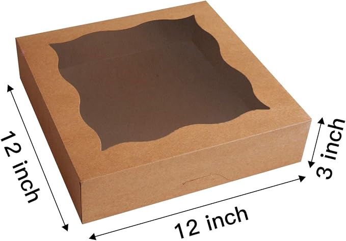 CHERRY 12"x12"x3" Brown Bakery Boxes with PVC Window for Pie and Cookies Boxes Large Natural Kraft Paper Box, Pack of 12