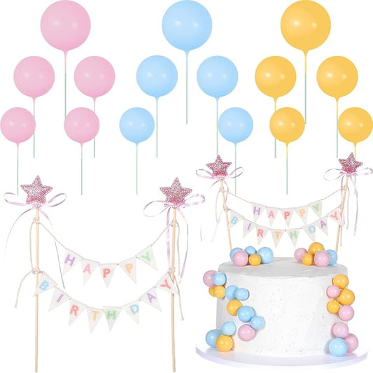 16 Pcs Happy Birthday Cake Topper Cake Bunting Topper Banner with Wood Pole Rainbow Garland with Bow Ribbon Balloon, Mini Cupcake Decor for Birthday Baby Shower (Pink,Blue,Yellow)