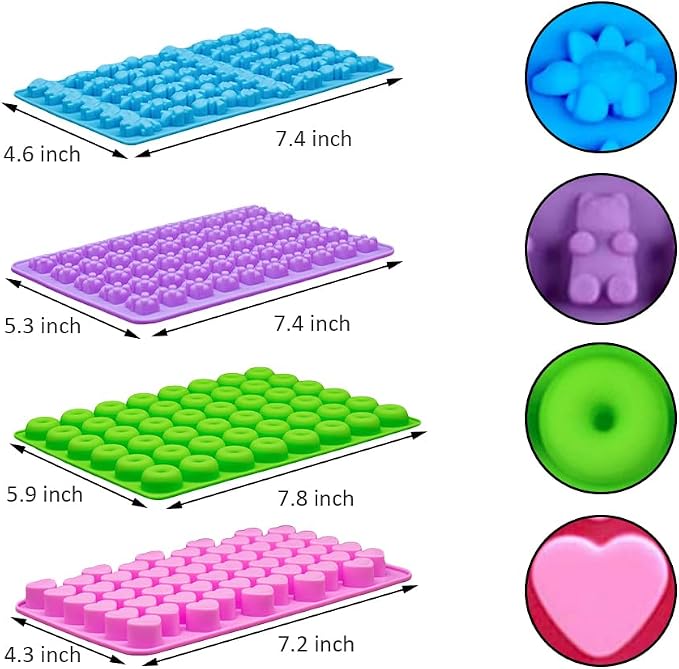 Silicone Gummy Molds Set of 4, Candy Molds with 2 Droppers for Convenient Filling, Chocolate Molds Set Includes Dinosaur, Bear, Donut and Heart Molds