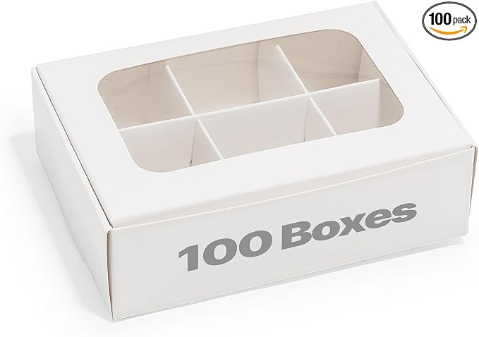 100 pcs White Mini Truffle Box for 6 treats with Window and Dividers, Bakery Boxes, 5 x 3.5 x 1.57 Inches VERY SMALL Baking Boxes, Square Truffles Decorating Supplies for Gift Giving