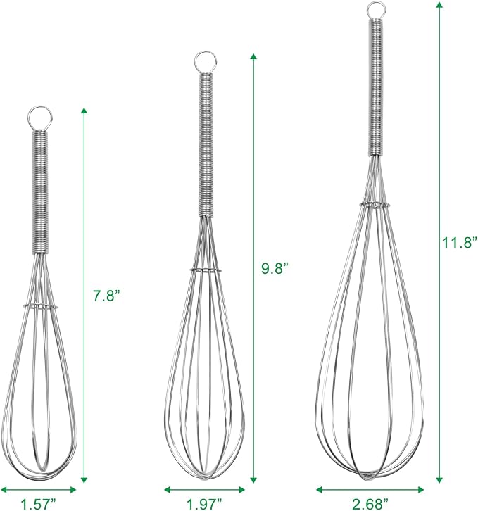 ForTomorrow Stainless Steel Whisk Set - 8"+10"+12" Thin Handle Wisk Balloon Wire Whisks Kitchen Tool for Cooking, Baking, Mixing Blending, Whisking, Beating, Stirring