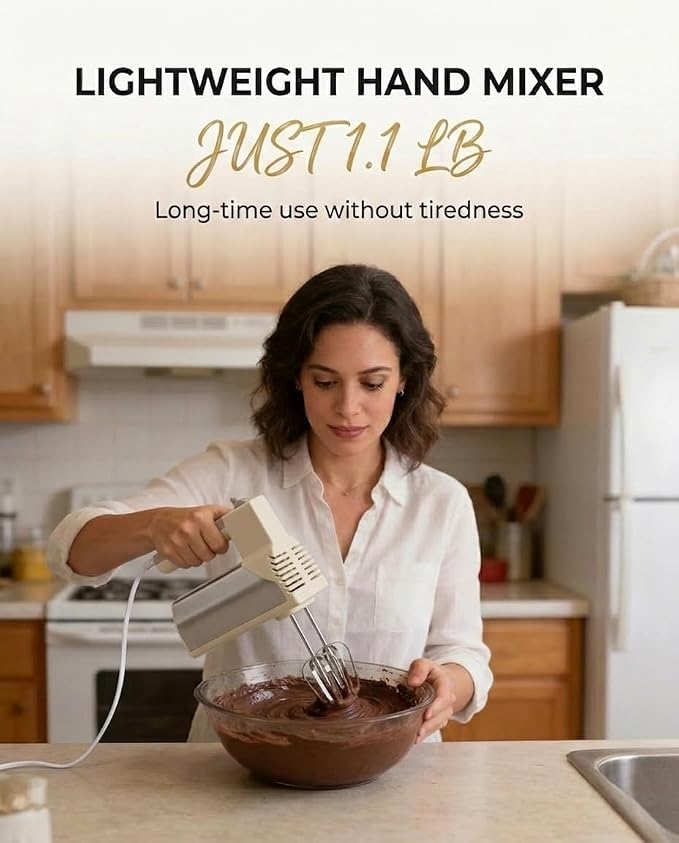 Hand Mixer Electric Handheld, 5-Speed 200W Electric Mixer with Stainless Steel Beaters, Dough Hooks, Portable Hand Mixer, WESTCOOKAID Turbo Ultra Power+ Eject Button for Cakes Eggs, Beige