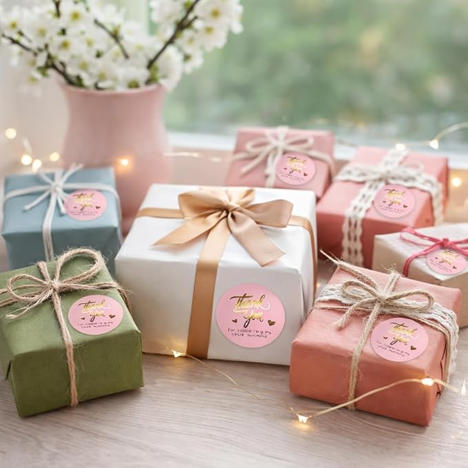Pink Thank You Stickers Gold Foil – 500 Waterproof 1.5” Round Labels for Small Business Packaging, Custom Thank You Labels for Envelopes, Gift Bags, Boxes, Cards & Orders