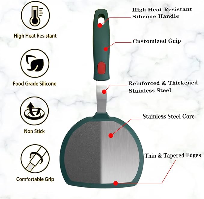 Silicone Spatula Set of 2 for Nonstick Cookware,Tenta Tenta Kitchen Slotted Angle Round Pancake Spatulas 600°F Heat Resistant Classic Rubber Spatula Set For Cooking-Dark Blue