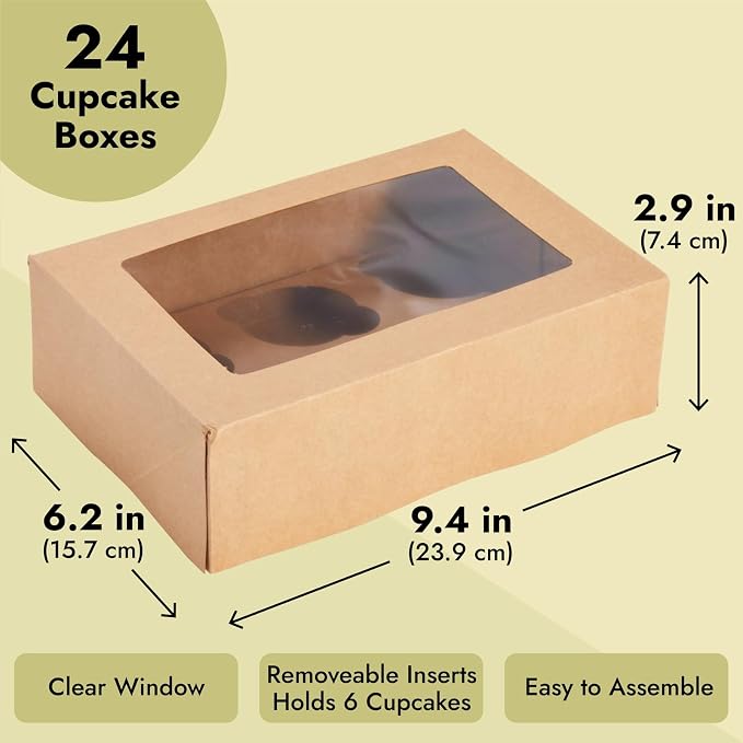 Juvale Cupcake Boxes - Clear Window Display - Easy Assembly for Muffin Packaging - Food Grade Cupcake Containers - Pack of 24, 6-Count, Brown Paperboard, 9.4 x 6.2 x 2.9 in