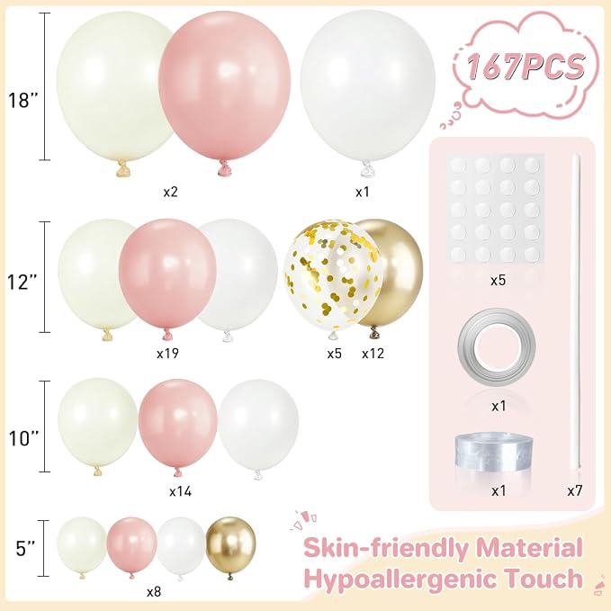 Pink White and Gold Balloon Garland Arch Kit, 167Pcs Latex Balloons Different Sizes Blush Ivory White Champagne Gold for Engagement Baby Shower Birthday Party Decorations
