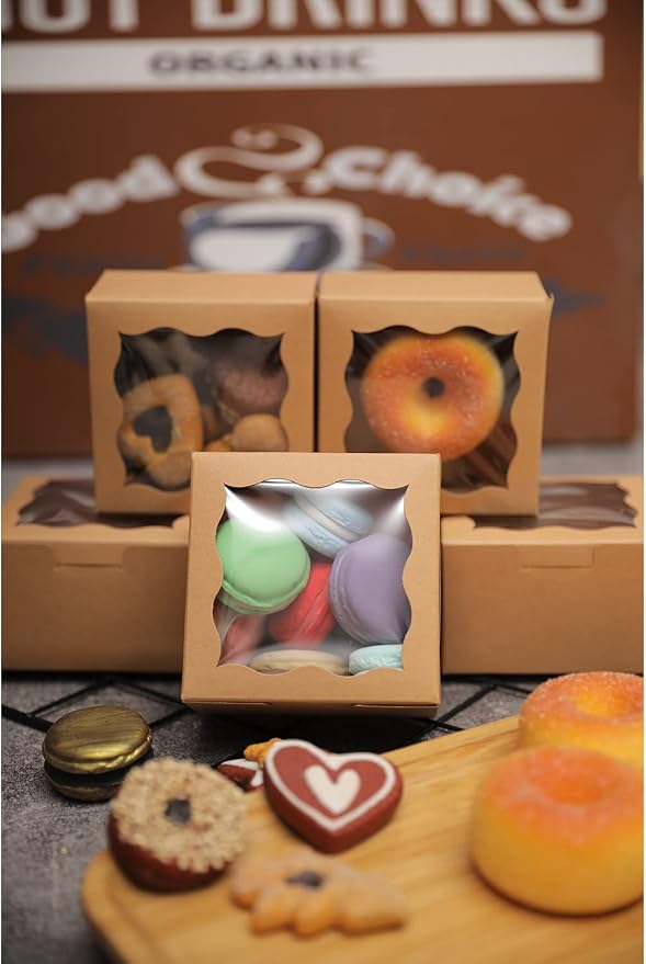 Bakepacker 400pcs Brown Bakery Boxes with Window 4"x 4"x 2.5" Thick & Cookie Boxes & Sturdy Macaroon Pastry