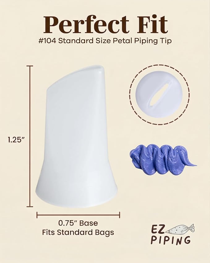 Reusable Plastic Piping Tips - Standard Size Petal Tip #104 20 Pack with 2 Couplers Icing Nozzles for Cake Decoration Dessert Design Baking Supplies and Piping Bags Base Ø 0.75", Height 1.25"