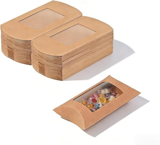 ZAJINJABD 100 Pcs Kraft Pillow Gift Boxes with Clear Windows, Sturdy Mini Folding Treat Boxes for Candy, Bakery, Chocolate, Jewelry, Wedding Party Favors