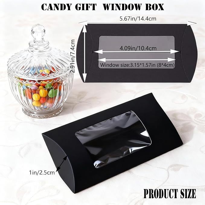 ZAJINJABD 100 Pcs Kraft Pillow Gift Boxes with Clear Windows, Sturdy Mini Folding Treat Boxes for Candy, Bakery, Chocolate, Jewelry, Wedding Party Favors