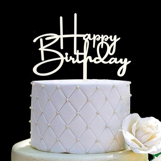 Happy Birthday Cake Topper for Birthday Party Decorations, Off-white Acrylic