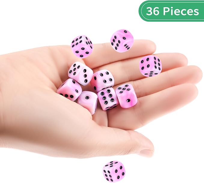 36 of Pack 12MM 6 Sided MINI Dice Set,Mixed Colours Swirls D6 Game Dice Set, 6 Sided Standard Dices for Yahtzee, Bunco or Teaching Math,with Portable Plastic Box(Pink White)