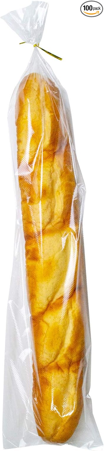 6 x 28 Inch French Bread Bags, 100 Clear Plastic Baugette Long Bags With Free Twist Ties - Mirco Perforated, Thickened, Freezer Safe, Disposable