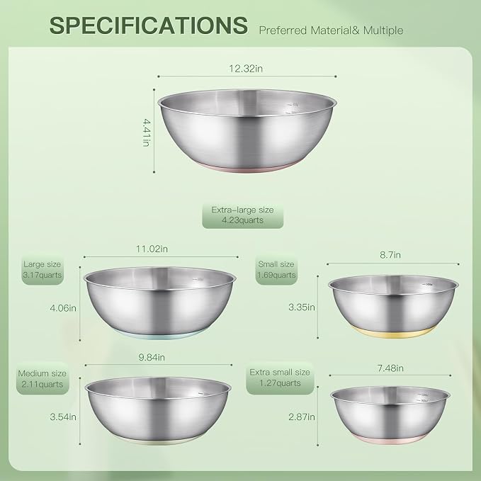 GIUOIDUO Stainless Steel Mixing Bowls Set,5 PCS Metal Mixing Bowls for Baking, Cooking, and Salad Making,Kitchen Meal Preparation,Non-Slip Silicone Bottom