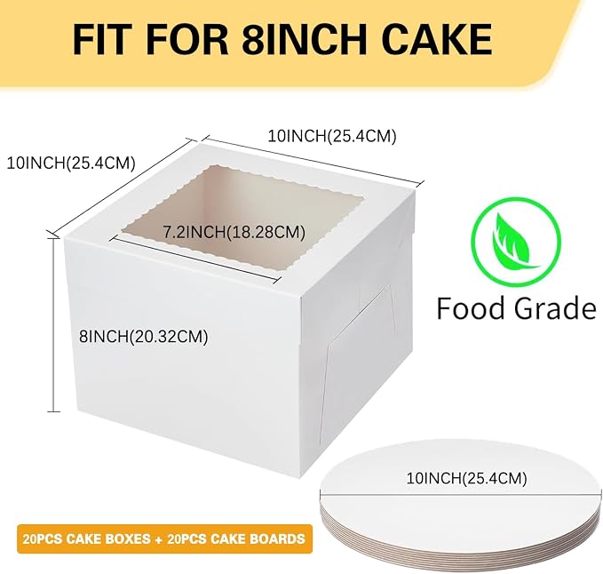 40Pack 10 Inch Cake Boxes With Cake Boards (20 boxes & 20 boards), White Paper Cake Boxes for Transporting Fathers Day Baking Cakes and Gifting 10x10x8