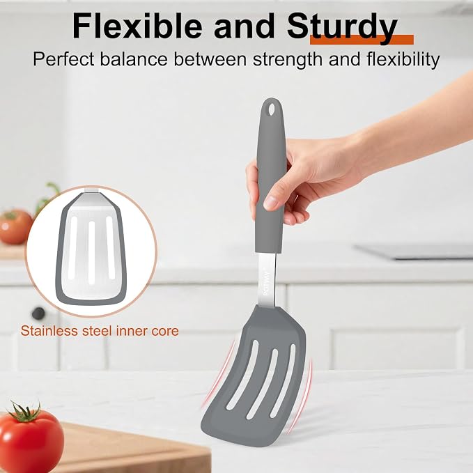 2 Pack Silicone Kitchen Spatula Set, 600°F Heat Resistant (Gray) | BPA Free, Solid & Slotted Turner, Non-Toxic Cooking Utensils, Safe for Non Stick Frying Pan, Dishwasher Safe