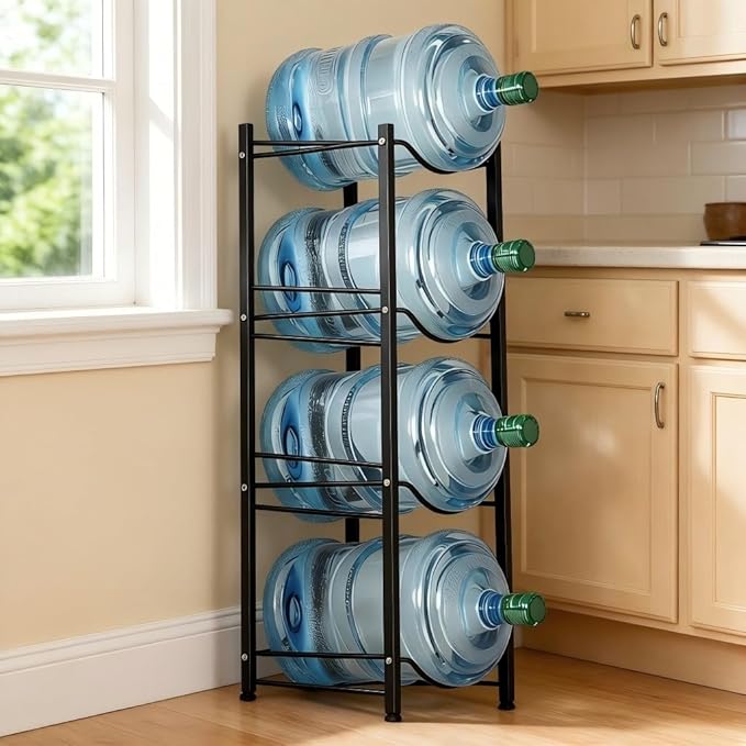 5 Gallon Water Bottle Holder 4 Tier Water Jug Holder Heavy Duty Water Cooler Storage Rack Detachable Water Dispenser Stand for Kitchen Office Garage Black