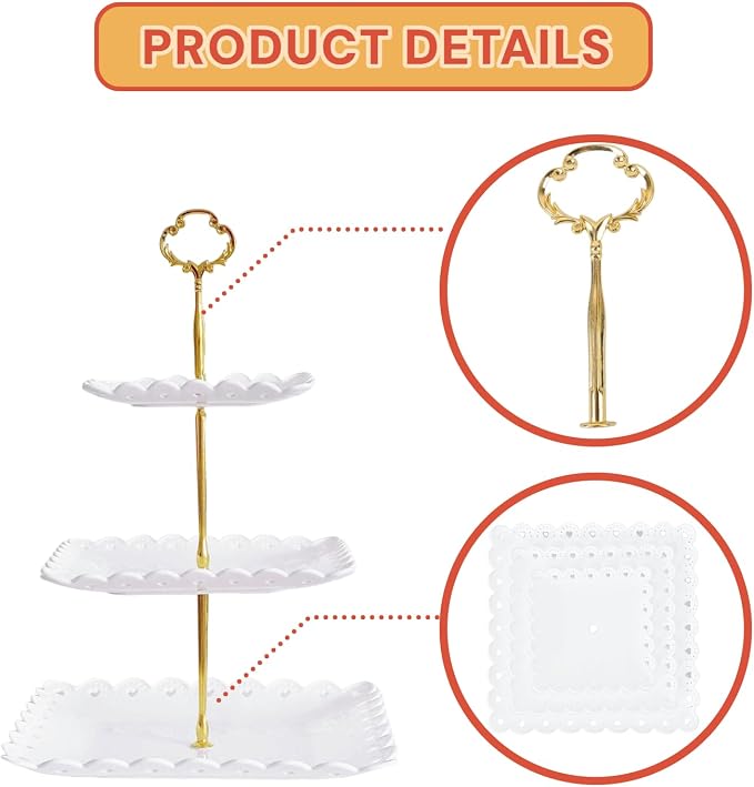 RAUVOLFIA 2 Pack of Plastic Round & Square Dessert Cupcake Stand, 3 Tier Cup Cake Holder Tower for Tea Party/Birthday/Wedding, Plastic Tiered Serving Tray (White)