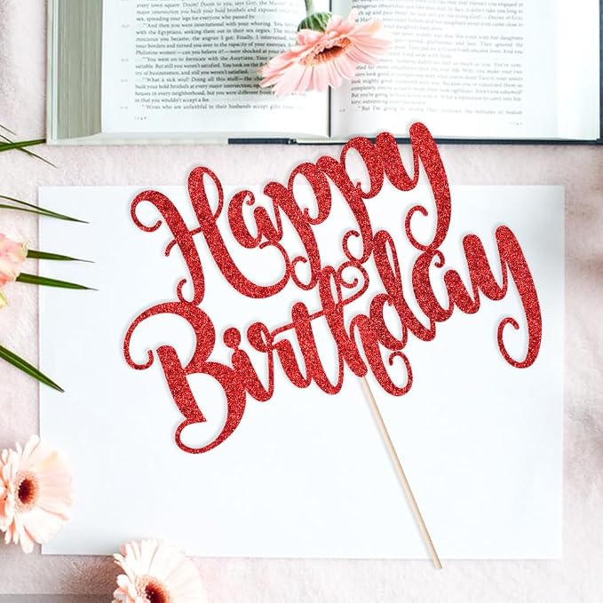 Happy Birthday Cake Topper- Glitter Happy Birthday Cake Decor, Handmade Anniversary/Birthday Party Supplies (Red)