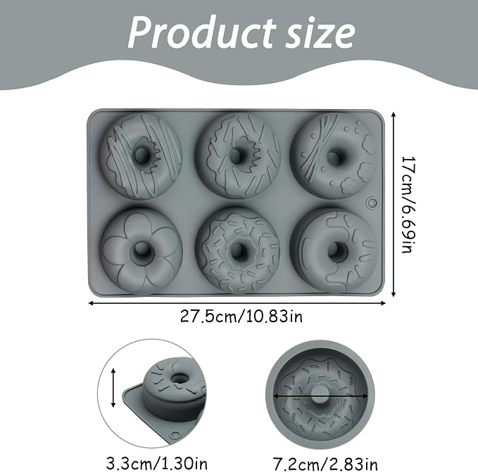 Silicone Donut Molds, 6-Cavity Non-Stick Baking Pan with Decorative Designs for Chocolate Desserts, Gray, 10.8 x 6.7 x 1.3 inches