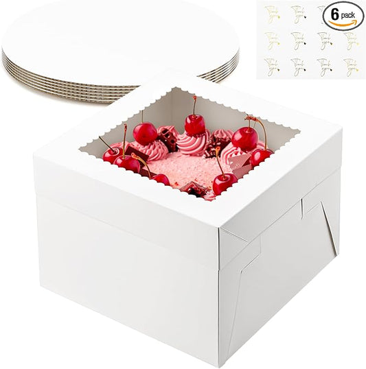 ZORRITA 6 Pack Cake Boxes, 10 x 10 x 8 Inches Tall Bakery Box with Window and Cake Boards, Disposable Cake Containers for Wedding, Birthday, Party