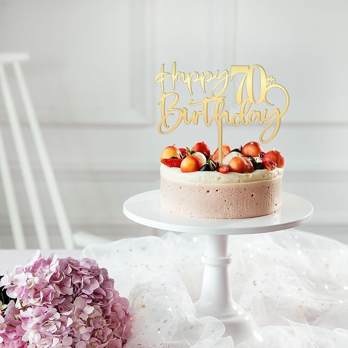 Happy 70th birthday cake Topper,Mirrored Gold Acrylic Durable Cake Topper,70th Birthday Party Cake Decorations,Hello 70th years old, Happy seventy years old, Birthday Party Decorations
