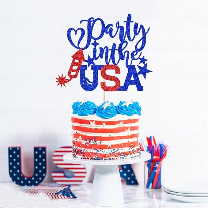 Party in The USA Cake Topper,Happy 4th of July，Happy Birthday America/God Bless America,Independence Day Party Supplies