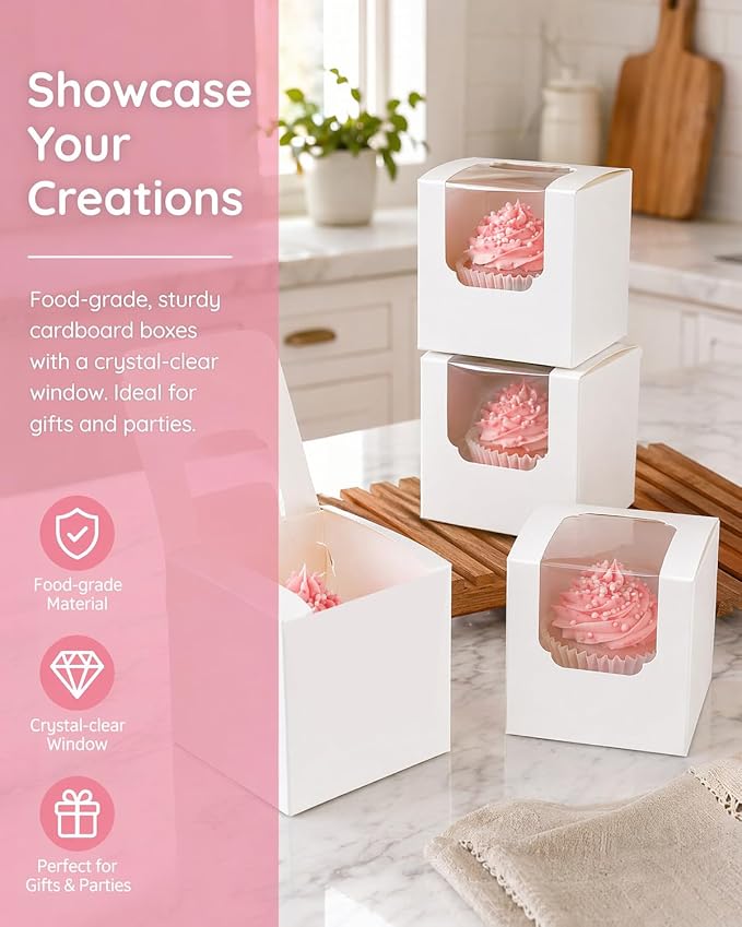 Bakepacker Auto-pop up Cupcake Boxes 200-Packs White 3.5" x 3.5" x 3.5", for Cake, Treat Cookie Dessert, Pastry, Birthday Party, Weddings