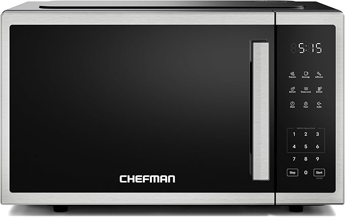 Chefman Countertop Microwave Oven 0.9 Cu. Ft., 1000 Watts with 10 Power Levels, 3 Cooking Presets with One-Touch Express Cook, 2 Defrost Settings, Child Safety Lock, & Mute Button – Stainless Steel